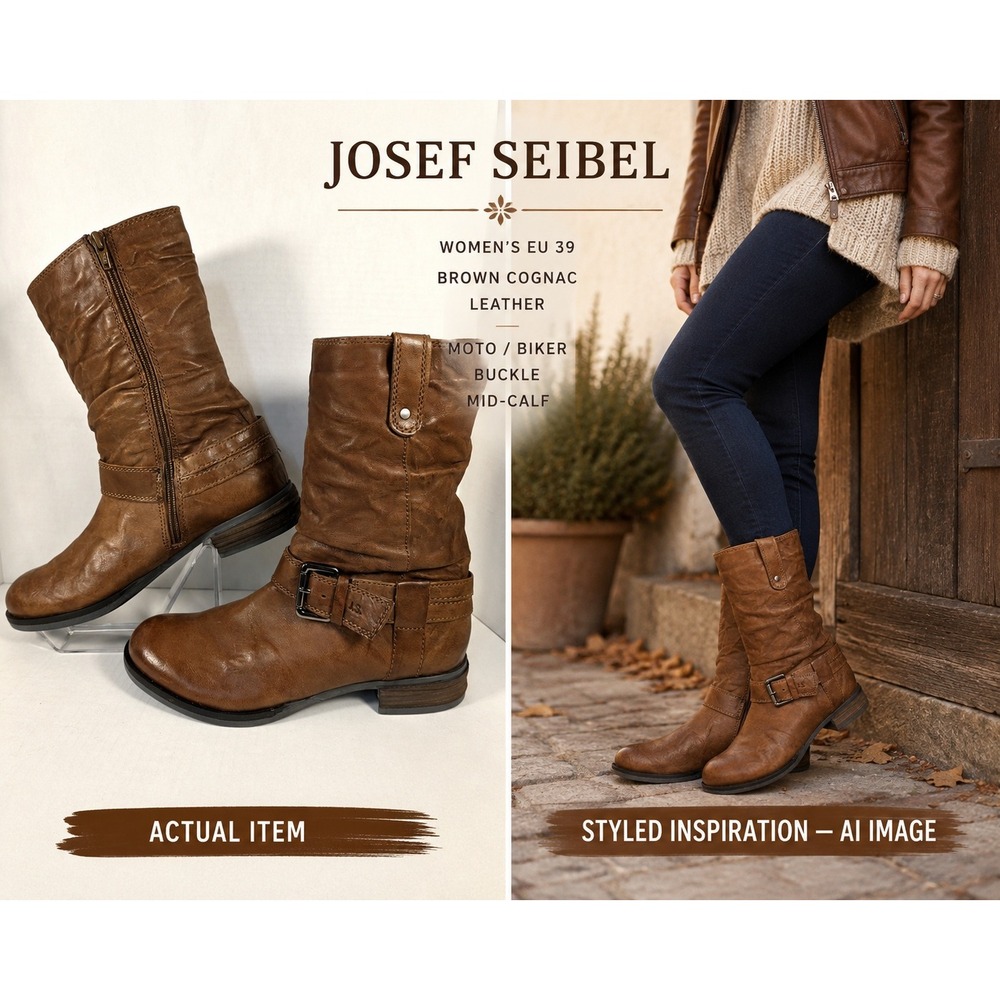 Josef Seibel Sanja 14 Boots Leather Mid-Calf Slouch Brown Cognac Sz 39/8 NWOT